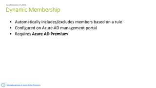 Dynamic Membership
MANAGING PLANS
Managing groups in Azure Active Directory
 