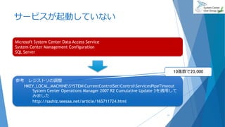 サービスが起動していない
11
参考 レジストリの調整
HKEY_LOCAL_MACHINESYSTEMCurrentControlSetControlServicesPipeTimeout
System Center Operations Manager 2007 R2 Cumulative Update 3を適用して
みました
http://sashiz.seesaa.net/article/165711724.html
Microsoft System Center Data Access Service
System Center Management Configuration
SQL Server
10進数で20,000
 
