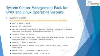 System Center Management Pack for
UNIX and Linux Operating Systems
 モニタリングの対象
https://www.microsoft.com/en-us/download/details.aspx?id=29696
 AIX 5.3、AIX 6.1、AIX 7
 HP-UX 11iv2、HP-UX 11iv3
 Red Hat Enterprise Linux Server 4、Red Hat Enterprise Linux Server 5、Red Hat
Enterprise Linux Server 6、Red Hat Enterprise Linux 7
 Solaris 9、Solaris 10、Solaris 11
 SUSE Linux Enterprise Server 9、SUSE Linux Enterprise Server 10 SP1、 SUSE Linux
Enterprise Server 11、SUSE Linux Enterprise Server 12
 CentOS 5、CentOS 6、CentOS 7
 Debian GNU/Linux 5、Debian GNU/Linux 6、Debian GNU/Linux 7、Debian
GNU/Linux 8
 Oracle Linux 5、Oracle Linux 6、Oracle Linux 7
 Ubuntu Linux Server 10.04、12.04、14.04、16.04
2017/06/24 15
 