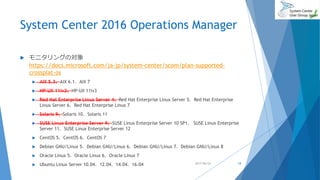 System Center 2016 Operations Manager
 モニタリングの対象
https://docs.microsoft.com/ja-jp/system-center/scom/plan-supported-
crossplat-os
 AIX 5.3、AIX 6.1、AIX 7
 HP-UX 11iv2、HP-UX 11iv3
 Red Hat Enterprise Linux Server 4、Red Hat Enterprise Linux Server 5、Red Hat Enterprise
Linux Server 6、Red Hat Enterprise Linux 7
 Solaris 9、Solaris 10、Solaris 11
 SUSE Linux Enterprise Server 9、SUSE Linux Enterprise Server 10 SP1、 SUSE Linux Enterprise
Server 11、SUSE Linux Enterprise Server 12
 CentOS 5、CentOS 6、CentOS 7
 Debian GNU/Linux 5、Debian GNU/Linux 6、Debian GNU/Linux 7、Debian GNU/Linux 8
 Oracle Linux 5、Oracle Linux 6、Oracle Linux 7
 Ubuntu Linux Server 10.04、12.04、14.04、16.04 2017/06/24 18
 