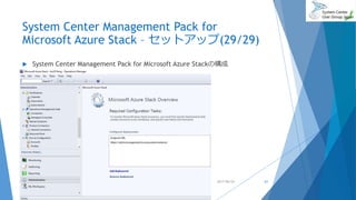 System Center Management Pack for
Microsoft Azure Stack – セットアップ(29/29)
 System Center Management Pack for Microsoft Azure Stackの構成
2017/06/24 61
 