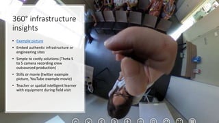 360° infrastructure
insights
• Example picture
• Embed authentic infrastructure or
engineering sites
• Simple to costly solutions (Theta S
to 5 camera recording crew
outsourced production)
• Stills or movie (twitter example
picture, YouTube example movie)
• Teacher or spatial intelligent learner
with equipment during field visit
 