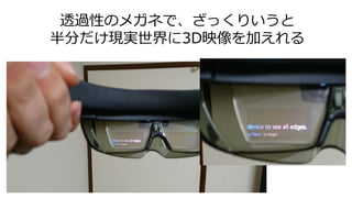 透過性のメガネで、ざっくりいうと
半分だけ現実世界に3D映像を加えれる
 