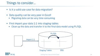 14
Things to consider...
Getting Your Grips on Excel Chaos
§ Is it a valid use case for data migration?
§ Data quality can be very poor in Excel!
§ Migrating data can be very time-consuming
§ First import your data 1:1 into staging tables
§ Clean up the data and transfer it to the final data model using PL/SQL
PL/SQL
Staging Tables ERD
Import 1:1
 