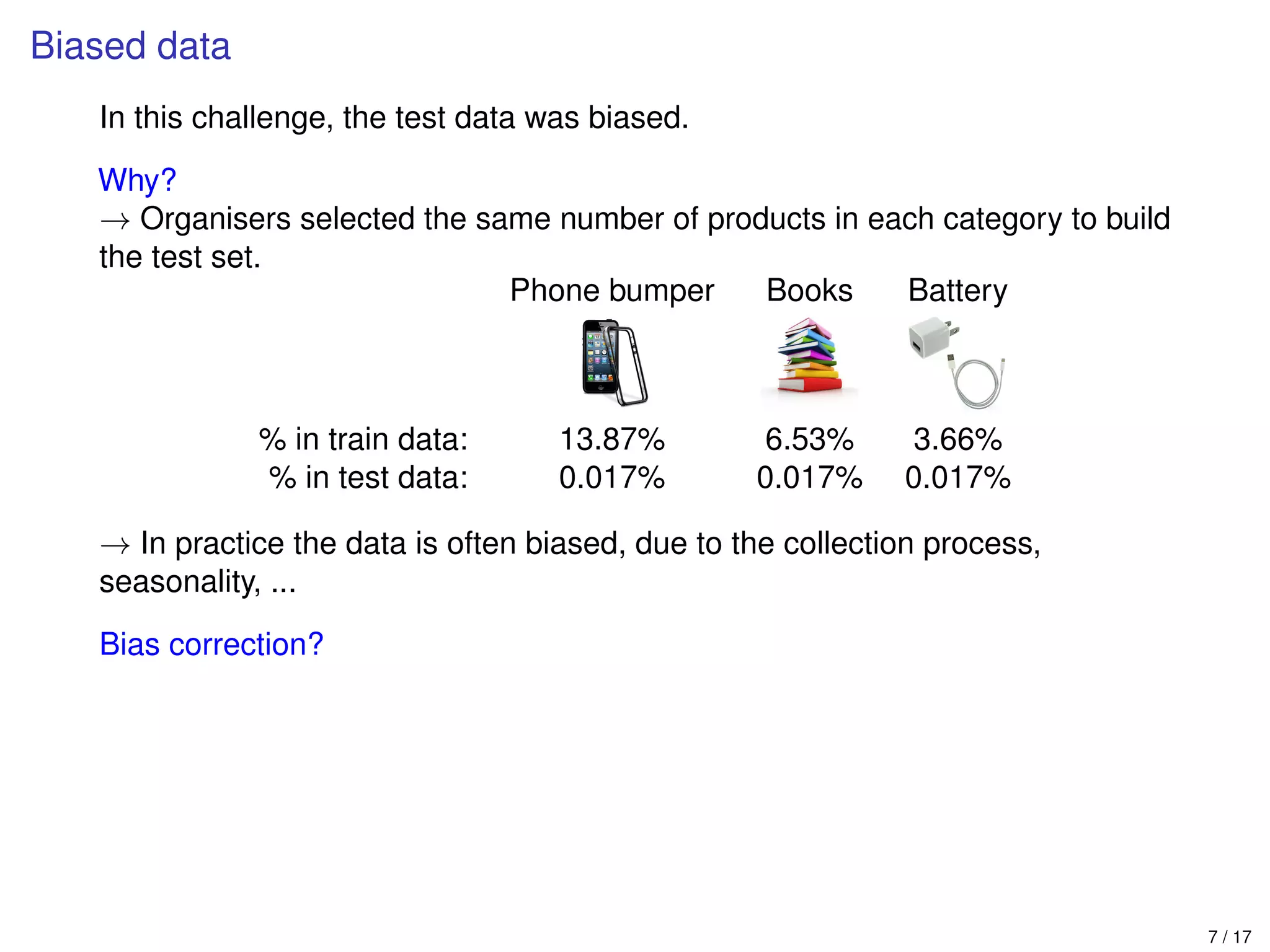 Biased data
In this challenge, the test data was biased.
Why?
→ Organisers selected the same number of products in each category to build
the test set.
Phone bumper Books Battery
% in train data: 13.87% 6.53% 3.66%
% in test data: 0.017% 0.017% 0.017%
→ In practice the data is often biased, due to the collection process,
seasonality, ...
Bias correction?
7 / 17
 
