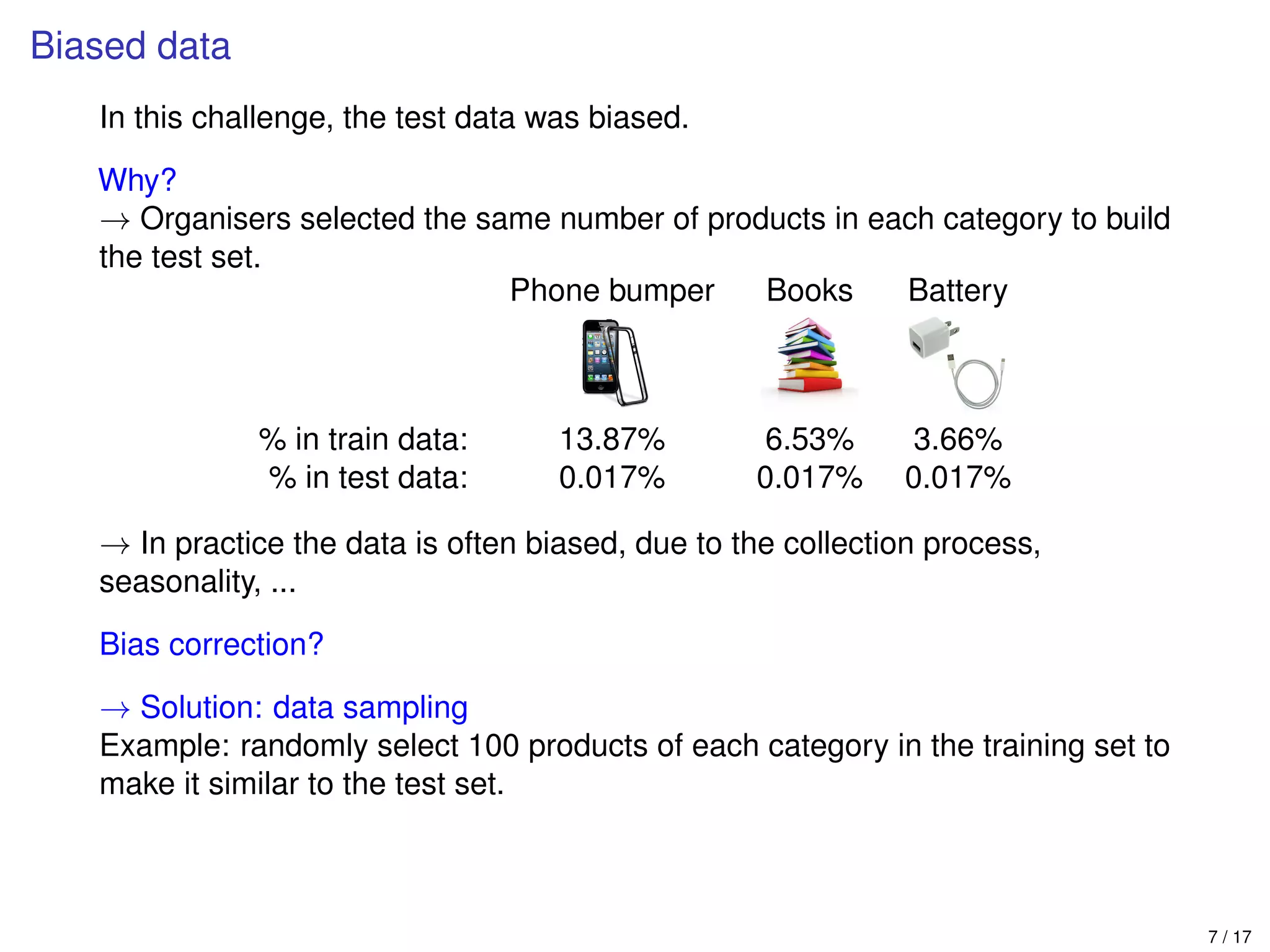 Biased data
In this challenge, the test data was biased.
Why?
→ Organisers selected the same number of products in each category to build
the test set.
Phone bumper Books Battery
% in train data: 13.87% 6.53% 3.66%
% in test data: 0.017% 0.017% 0.017%
→ In practice the data is often biased, due to the collection process,
seasonality, ...
Bias correction?
→ Solution: data sampling
Example: randomly select 100 products of each category in the training set to
make it similar to the test set.
7 / 17
 