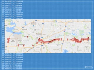 @dalm oz_
32.7702302,-97.3872816
32.7574685,-97.3350734
32.7532442,-97.333156
32.755127,-97.3281954
32.756721,-97.3231992
32.7553446,-97.318103
32.7517239,-97.31476
32.7485354,-97.3107414
32.7479675,-97.3054205
32.7486719,-97.300005
32.7490904,-97.2945193
32.7494853,-97.2890518
32.7498415,-97.2835636
32.7505444,-97.2781512
32.752404,-97.2732238
32.7549191,-97.268704
32.7573236,-97.2639909
32.7582826,-97.2586206
32.7589264,-97.2532649
32.7595763,-97.2477639
32.7602181,-97.2423077
32.7605527,-97.2369171
32.7599132,-97.1961597
32.7578917,-97.1794049
32.7555461,-97.1698085
32.7577253,-97.1600873
32.753021,-97.1448981
32.7584765,-97.1546171
32.7530228,-97.1586987
32.7521549,-97.1523871
32.7502886,-97.1406051
32.7500693,-97.1352437
32.7562257,-97.1317734
32.7592582,-97.1201001
32.7607311,-97.101801
32.766575,-97.0972041
32.7619129,-97.097262
32.7603471,-97.102585
 