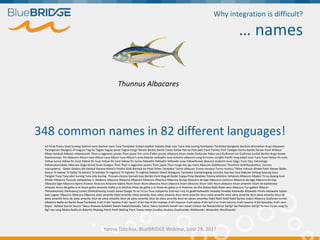 Why integration is difficult?
… names
348 common names in 82 different languages!
Yannis Tzitzikas, BlueBRIDGE Webinar, Ju...