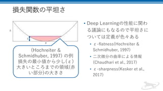 損失関数の平坦さ
• Deep Learningの性能に関わ
る議論にもなるので平坦さに
ついては定義が色々ある
• ε-flatness(Hochreiter &
Schmidhuber, 1997)
• 二次微分の曲率による情報
(Chaudhari et al., 2017)
• ε-sharpness(Kesker et al.,
2017)
(Hochreiter &
Schmidhuber, 1997) の例
損失の最小値から少し(ε)
大きいところまでの領域(赤
い部分)の大きさ
ε
 