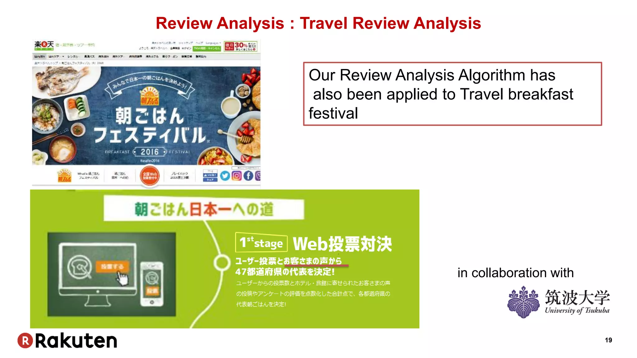 19
Review Analysis : Travel Review Analysis
in collaboration with
Our Review Analysis Algorithm has
also been applied to Travel breakfast
festival
 