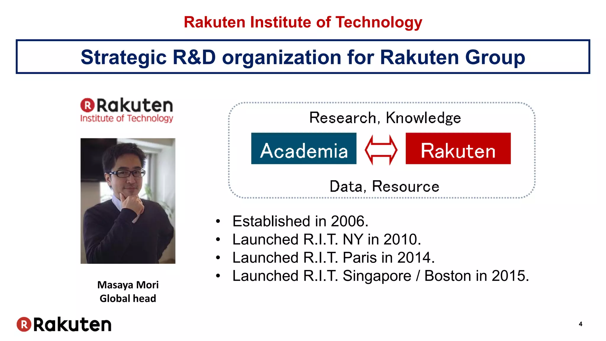 4
Rakuten Institute of Technology
Masaya Mori
Global head
• Established in 2006.
• Launched R.I.T. NY in 2010.
• Launched R.I.T. Paris in 2014.
• Launched R.I.T. Singapore / Boston in 2015.
Strategic R&D organization for Rakuten Group
 