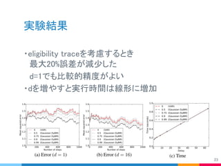 実験結果
・eligibility traceを考慮するとき
　最大20%誤差が減少した
　d=1でも比較的精度がよい
・dを増やすと実行時間は線形に増加
23
 