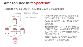 Amazon Redshift Spectrum
Redshift から S3 上のデータに直接クエリできる拡張機能
Leader node
Compute nodes
SQL Client / BI Tools
JDBC / ODBC Driver
• Redshift クラスタから，直接 S3 上
のデータにクエリを投げられる
• Redshift 内のデータと JOIN するこ
とも可能
• 利用頻度の低いコールドデータを S3
に置いて Spectrum 経由でアクセス
し，ホットデータのみ Redshift 内に
ロードしておく
• 複数の Redshift クラスタから同じ
S3 上のデータを読み込む
 