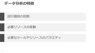 データ分析の特徴
5
試行錯誤の回数
必要リソースの変動
必要なツールやリソースのバラエティ
 