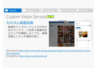 [Document] https://docs.microsoft.com/ja-jp/azure/cognitive-services/custom-vision-
service/home
[Check&Try] https://www.customvision.ai/
SearchVision Speech Language Knowledge
New
 