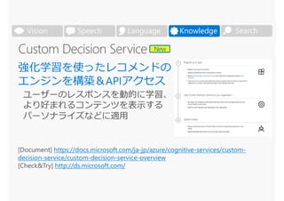 SearchVision Speech Language Knowledge
[Document] https://docs.microsoft.com/ja-jp/azure/cognitive-services/custom-
decision-service/custom-decision-service-overview
[Check&Try] http://ds.microsoft.com/
New
 