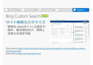 SearchVision Speech Language Knowledge
[Document] https://docs.microsoft.com/ja-jp/azure/cognitive-services/bing-custom-
search/overview
[Check&Try] https://customsearch.ai/
New
 