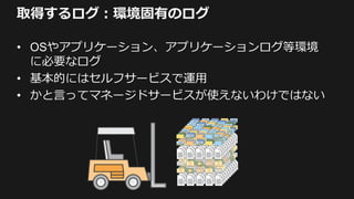 取得するログ：環境固有のログ
• OSやアプリケーション、アプリケーションログ等環境
に必要なログ
• 基本的にはセルフサービスで運用
• かと言ってマネージドサービスが使えないわけではない
 