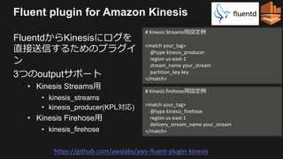 Fluent plugin for Amazon Kinesis
FluentdからKinesisにログを
直接送信するためのプラグイ
ン
3つのoutputサポート
• Kinesis Streams用
• kinesis_streams
• kinesis_producer(KPL対応)
• Kinesis Firehose用
• kinesis_firehose
https://github.com/awslabs/aws-fluent-plugin-kinesis
# Kinesis Streams用設定例
<match your_tag>
@type kinesis_producer
region us-east-1
stream_name your_stream
partition_key key
</match>
# Kinesis firehose用設定例
<match your_tag>
@type kinesis_firehose
region us-east-1
delivery_stream_name your_stream
</match>
 
