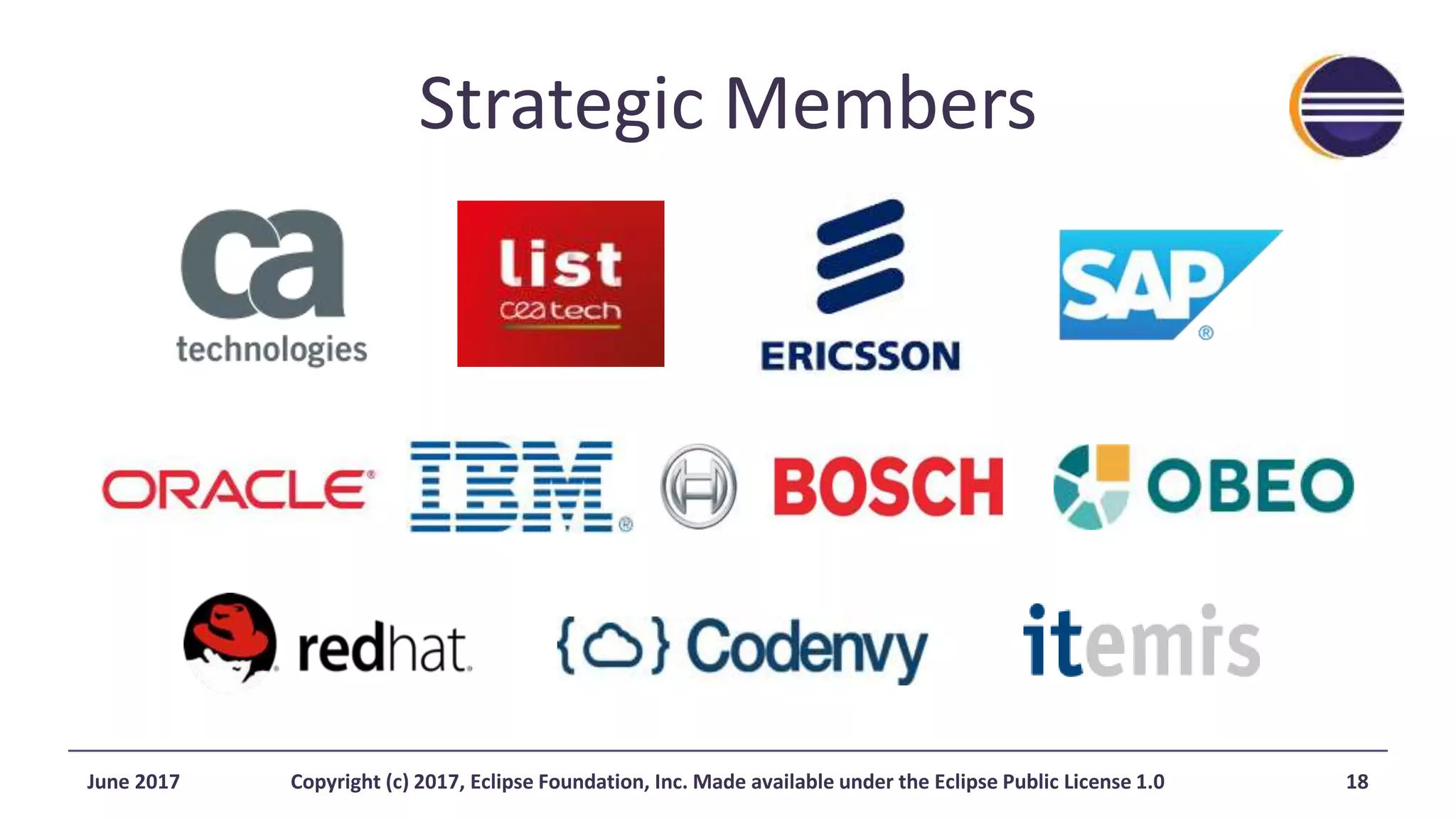 Strategic Members
June 2017 Copyright (c) 2017, Eclipse Foundation, Inc. Made available under the Eclipse Public License 1.0 18
 