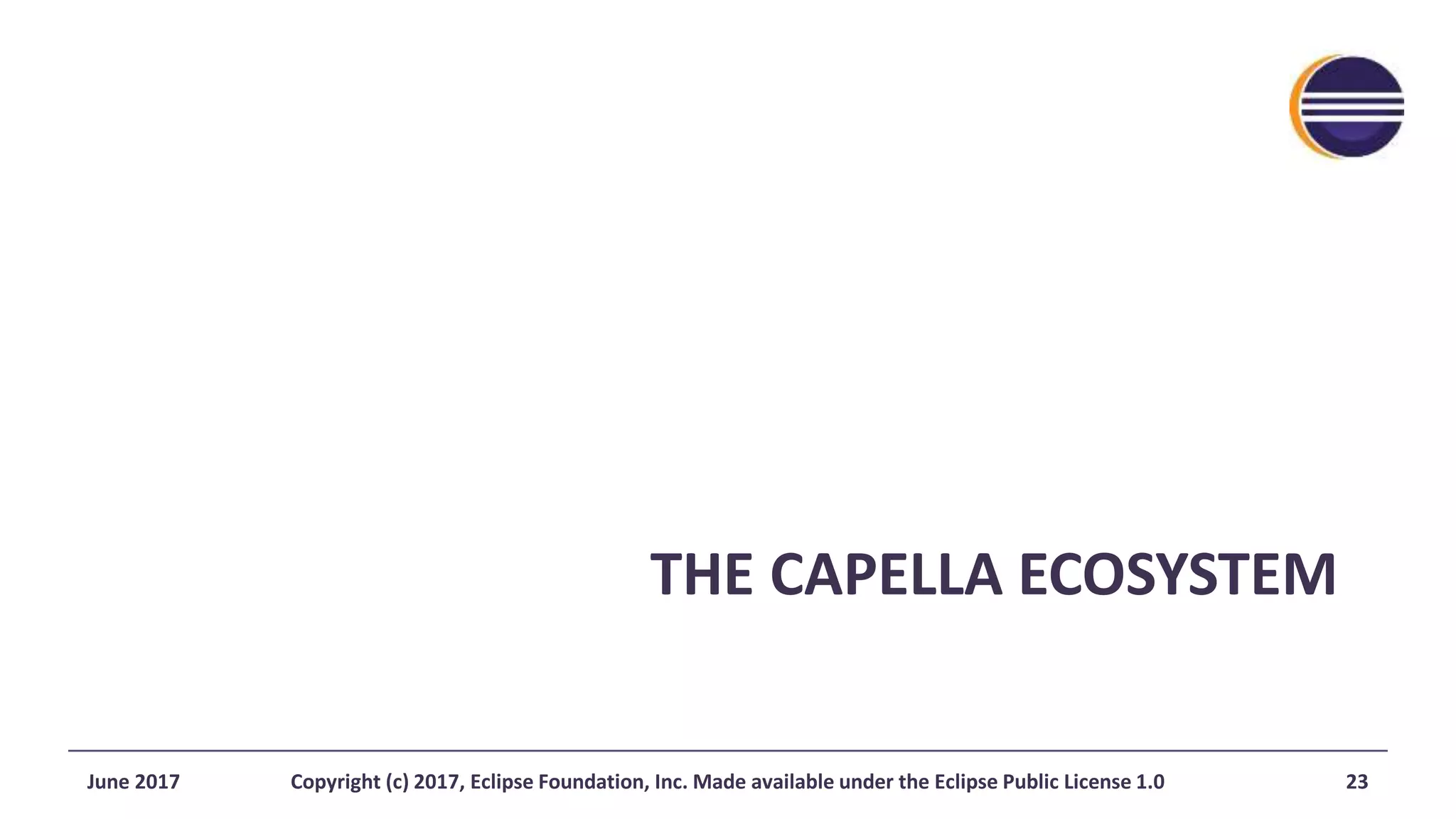 THE CAPELLA ECOSYSTEM
June 2017 Copyright (c) 2017, Eclipse Foundation, Inc. Made available under the Eclipse Public License 1.0 23
 