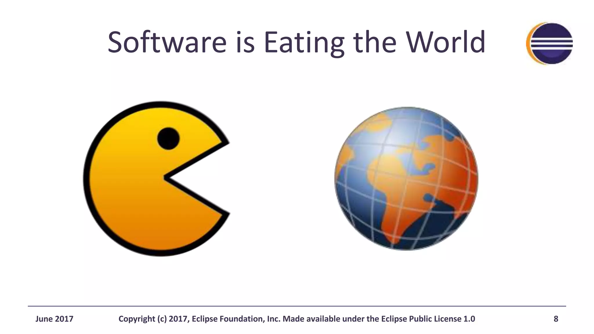 Software is Eating the World
June 2017 Copyright (c) 2017, Eclipse Foundation, Inc. Made available under the Eclipse Public License 1.0 8
 