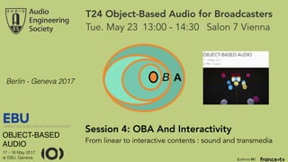 Lidwine Hô
B A
T24 Object-Based Audio for Broadcasters
Tue. May 23| 13:00 - 14:30 | Salon 7 Vienna
Session 4: OBA And Interactivity
From linear to interactive contents : sound and transmedia
Berlin - Geneva 2017
OBJECT-BASED
AUDIO
17 - 18 May 2017 
at EBU, Geneva
 