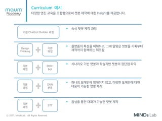 Curriculum 예시
다양한 엔진 교육을 조합함으로써 챗봇 제작에 대한 Insight를 제공합니다.
기본 Chatbot Builder 과정
Design
Thinking
기본
과정
기본
과정
기본
과정
기본
과정
DNN-
bot
DNN
분류
STT
 속성 챗봇 제작 과정
 플랫폼의 특성을 이해하고, 그에 알맞은 챗봇을 기획부터
제작까지 함께하는 워크샾
 시나리오 기반 챗봇과 학습기반 챗봇의 장단점 파악
 하나의 도메인에 얽매이지 않고, 다양한 도메인에 대한
대응이 가능한 챗봇 제작
 음성을 통한 대화가 가능한 챗봇 제작
ⓒ 2017, MindsLab. All Rights Reserved
 