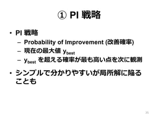 ① PI 戦略
•  PI 戦略
–  Probability of Improvement (改善確率)
–  現在の最⼤値 ybest
–  ybest を超える確率が最も⾼い点を次に観測
•  シンプルで分かりやすいが局所解に陥る
ことも
35
 