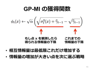 GP-MI の獲得関数
•  相互情報量は最低限これだけ増加する
•  情報量の増加が⼤きい点を次に選ぶ戦略
61
これまでの
情報量の下限
もし点 x を観測したら
得られる情報量の下限
 