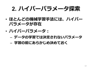 2. ハイパーパラメータ探索
•  ほとんどの機械学習⼿法には、ハイパー
パラメータが存在
•  ハイパーパラメータ：
–  データの学習では決定されないパラメータ
–  学習の前にあらかじめ決めておく
12
 