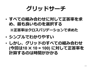 グリッドサーチ
•  すべての組み合わせに対して正答率を求
め、最も良いものを選択する
※正答率はクロスバリデーションで求めた
•  シンプルでわかりやすい
•  しかし、グリッドのすべての組み合わせ
(今回は10 ✖ 10 = 100) に対して正答率を
計算するのは時間がかかる
23
 