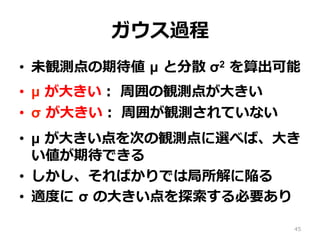 ガウス過程
•  未観測点の期待値 µ と分散 σ2 を算出可能
•  µ が⼤きい： 周囲の観測点が⼤きい
•  σ が⼤きい： 周囲が観測されていない
•  µ が⼤きい点を次の観測点に選べば、⼤き
い値が期待できる
•  しかし、そればかりでは局所解に陥る
•  適度に σ の⼤きい点を探索する必要あり
45
 