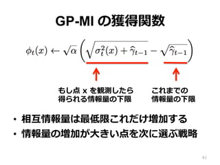 GP-MI の獲得関数
•  相互情報量は最低限これだけ増加する
•  情報量の増加が⼤きい点を次に選ぶ戦略
61
これまでの
情報量の下限
もし点 x を観測したら
得られる情報量の下限
 