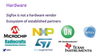 Hardware
Sigfox is not a hardware vendor
Ecosystem of established partners
 