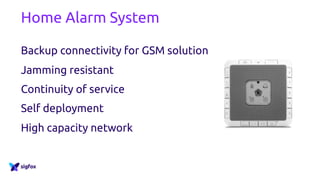 Home Alarm System
Backup connectivity for GSM solution
Jamming resistant
Continuity of service
Self deployment
High capacity network
 