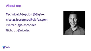 About me
Technical Adoption @Sigfox
nicolas.lesconnec@sigfox.com
Twitter : @nlesconnec
Github : @nicolsc
 