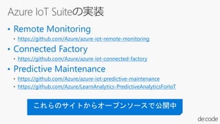 https://github.com/Azure/azure-iot-remote-monitoring
https://github.com/Azure/azure-iot-connected-factory
https://github.com/Azure/azure-iot-predictive-maintenance
https://github.com/Azure/LearnAnalytics-PredictiveAnalyticsForIoT
 