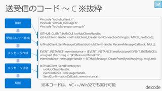 ӾA
ťå
å`
å`
ж
#include "iothub_client.h
#include "iothub_message.h
#include "iothubtransportamqp.h

IOTHUB_CLIENT_HANDLE iotHubClientHandle;
iotHubClientHandle = IoTHubClient_CreateFromConnectionString(cs, AMQP_Protocol));
IoTHubClient_SetMessageCallback(iotHubClientHandle, ReceiveMessageCallback, NULL);
EVENT_INSTANCE* eventinstance = (EVENT_INSTANCE*)malloc(sizeof(EVENT_INSTANCE));
unsigned char* msg = {?MeasuredTime?:?
eventinstance->messageHandle = IoTHubMessage_CreateFromByteArray(msg, msgLen));
IoTHubClient_SendEventAsync(
iotHubClientHandle,
eventinstance->messageHandle,
SendConfirmationCallback, eventinstance)
 