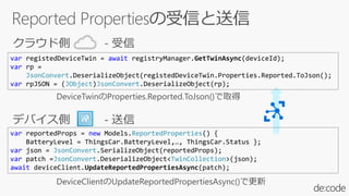 var registedDeviceTwin = await registryManager.GetTwinAsync(deviceId);
var rp =
JsonConvert.DeserializeObject(registedDeviceTwin.Properties.Reported.ToJson();
var rpJSON = (JObject)JsonConvert.DeserializeObject(rp);
var reportedProps = new Models.ReportedProperties() {
BatteryLevel = ThingsCar.BatteryLevel,, ThingsCar.Status };
var json = JsonConvert.SerializeObject(reportedProps);
var patch =JsonConvert.DeserializeObject<TwinCollection>(json);
await deviceClient.UpdateReportedPropertiesAsync(patch);
 
