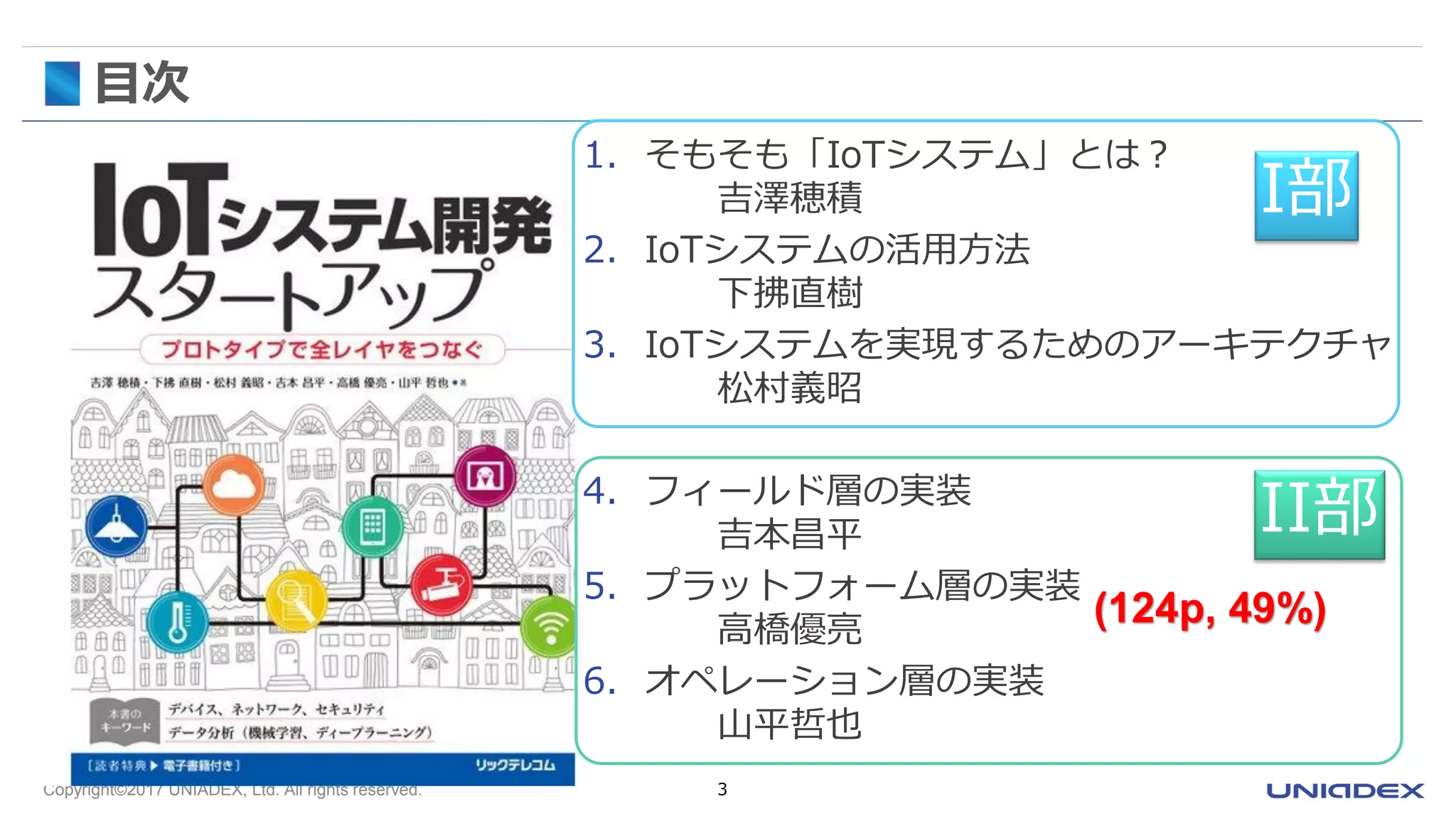 Copyright©2017 UNIADEX, Ltd. All rights reserved. 3
目次
1. そもそも「IoTシステム」とは？
吉澤穂積
2. IoTシステムの活用方法
下拂直樹
3. IoTシステムを実現するためのアーキテクチャ
松村義昭
4. フィールド層の実装
吉本昌平
5. プラットフォーム層の実装
高橋優亮
6. オペレーション層の実装
山平哲也
I部
II部
(124p, 49%)
 