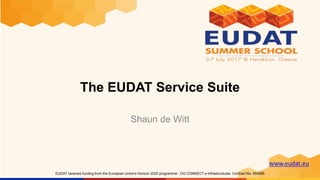 www.eudat.eu
EUDAT receives funding from the European Union's Horizon 2020 programme - DG CONNECT e-Infrastructures. Contract No. 654065
The EUDAT Service Suite
Shaun de Witt
 