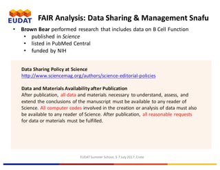 EUDAT	Summer	School,	3-7	July	2017,	Crete
• Brown	Bear	performed	 research	 that	includes	data	on	B	Cell	Function
• published	in	Science
• listed	in	PubMed	Central	
• funded	by	NIH	
Data	Sharing	Policy	at	Science	
http://www.sciencemag.org/authors/science-editorial-policies
Data	and	Materials	Availability	after	Publication
After	publication,	all	data	and	materials	necessary	to	understand,	assess,	and	
extend	the	conclusions	of	the	manuscript	must	be	available	to	any	reader	of	
Science.	All	computer	codes	involved	in	the	creation	or	analysis	of	data	must	also	
be	available	to	any	reader	of Science.	After	publication,	all	reasonable	requests	
for	data	or	materials	must	be	fulfilled.
FAIR	Analysis:	Data	Sharing	&	Management	Snafu
 