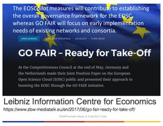 EUDAT	Summer	School,	3-7	July	2017,	Crete
The	EOSCpilot measures	will	contribute	to	establishing	
the	overall	governance	framework	for	the	EOSC,	
whereas	GO	FAIR	will	focus	on	early	implementation	
needs	of	existing	networks	and	consortia.
 
