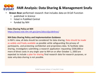 EUDAT	Summer	School,	3-7	July	2017,	Crete
• Brown	Bear	performed	 research	 that	includes	data	on	B	Cell	Function
• published	in	Science
• listed	in	PubMed	Central	
• funded	by	NIH	
Data	Sharing	Policy	at	NIH
https://www.ncbi.nlm.nih.gov/pmc/about/guidelines/
NIH	Data	Sharing	Policy	and	Implementation	Guidance	
In	NIH's	view,	all	data	should	be	considered	for	data	sharing.	Data	should	be	made	
as	widely	and	freely	available as	possible	while	safeguarding	the	privacy	of	
participants,	and	protecting	confidential	and	proprietary	data.	To	facilitate	data	
sharing,	investigators	submitting	a	research	application	requesting	$500,000	or	
more	of	direct	costs	in	any	single	year	to	NIH	on	or	after	October	1,	2003	are	
expected	to	include	a	plan	for	sharing	final	research	data	for	research	purposes,	or	
state	why	data	sharing	is	not	possible.
FAIR	Analysis:	Data	Sharing	&	Management	Snafu
 