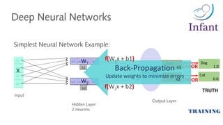 Deep Neural Networks
Simplest Neural Network Example:
Input
Hidden Layer
2 neurons
x1
x2
x4
x3
w11
b1
b2
w12 w13 w14
w21 w22 w23 w24
x
w1
w2
Output Layer
Dog
Cat
Softmax
Function
TRAINING
Dog
Cat
TRUTH
ERROR
ERROR
Back-Propagation
Update weights to minimize errors
1.0
0.0
n1
n2
f(W1x + b1)
f(W2x + b2)
 