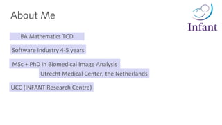 About Me
BA Mathematics TCD
Software Industry 4-5 years
MSc + PhD in Biomedical Image Analysis
UCC (INFANT Research Centre)
Utrecht Medical Center, the Netherlands
 
