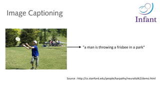Image Captioning
"a man is throwing a frisbee in a park“
Source : http://cs.stanford.edu/people/karpathy/neuraltalk2/demo.html
 