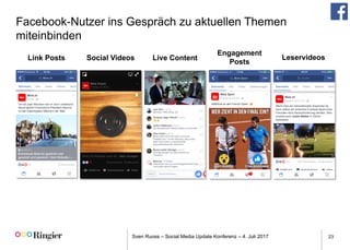 Sven Ruoss – Social Media Update Konferenz – 4. Juli 2017 23
Facebook-Nutzer ins Gespräch zu aktuellen Themen
miteinbinden
Social Videos
Engagement
Posts
Live ContentLink Posts Leservideos
 