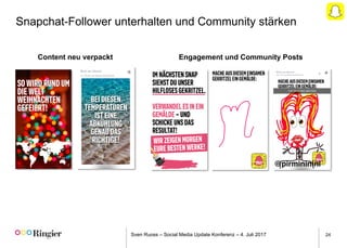 Sven Ruoss – Social Media Update Konferenz – 4. Juli 2017 24
Snapchat-Follower unterhalten und Community stärken
Engagement und Community PostsContent neu verpackt
 